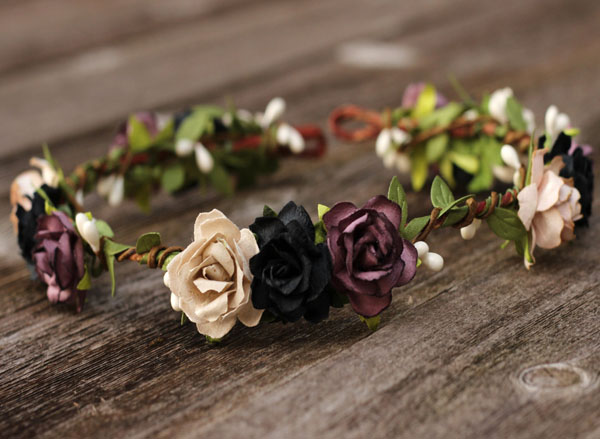 Rustic Wedding Flower Crown in Black Plum and Beige Rose Greenery Crown